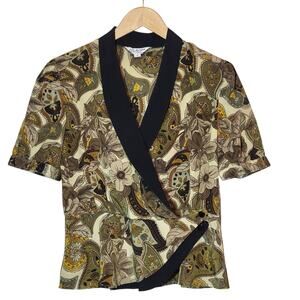 Vintage Maiyan Floral Paisley Wrap Top V Neck Short Sleeve Retro Boho Office S